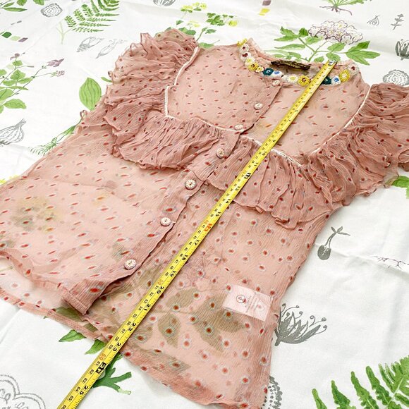 Varun Bahl Beaded Ruffled Nude Pink Polka Dot Sheer Cupro Button Up Blouse XS - Picture 8 of 11